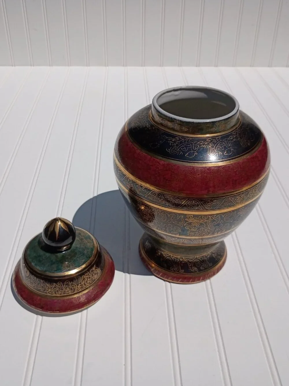 Vintage Andrea by Sadek Porcelain Ginger Jar Lidded Vase Maroon Stripe Gold Gilt